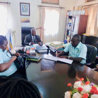 Mukono Chief Administrative Officer, Mr. George Ntulume hosting NDA Chairman, Dr. M. Bitekyerezo and Dr. Rose Ademun Okurut before leading them to address the district leaders on consolidating 25 years in drug regulation.